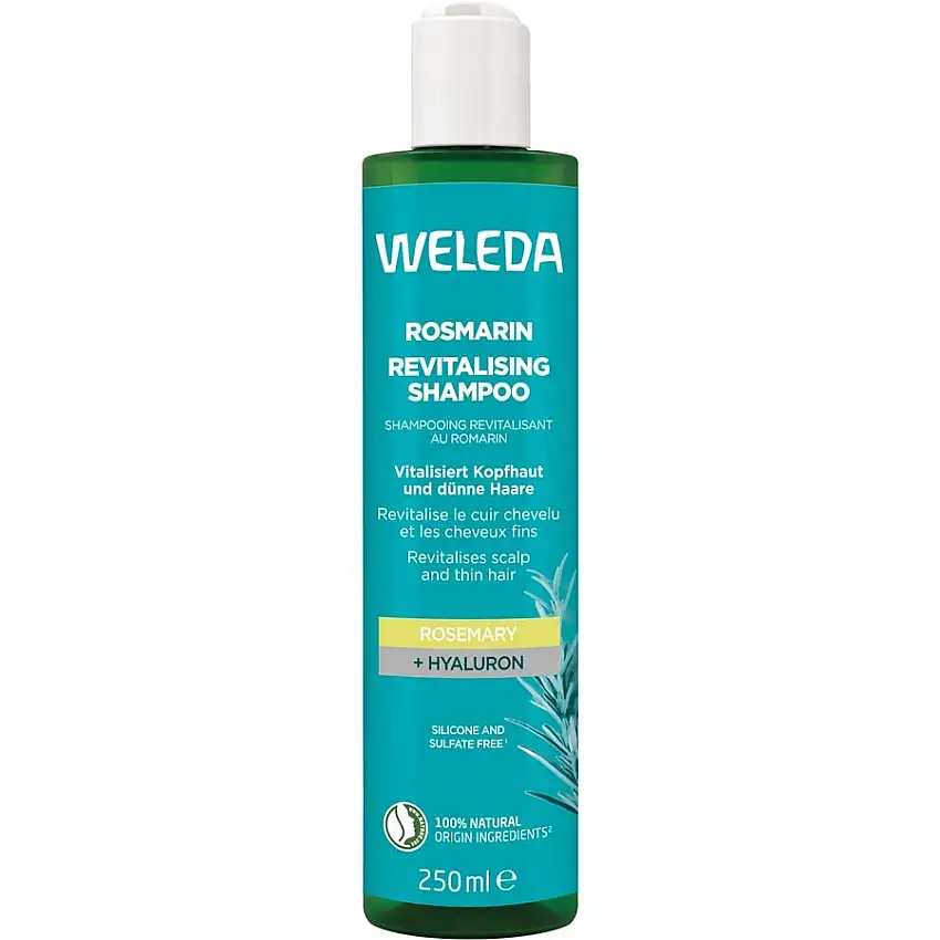 Weleda Shampoo Vitaliserende shampoo med rosmarin Silikonefri, med hyaluronsyre og økologisk rosmarinolie for volumen og pleje 250 ml