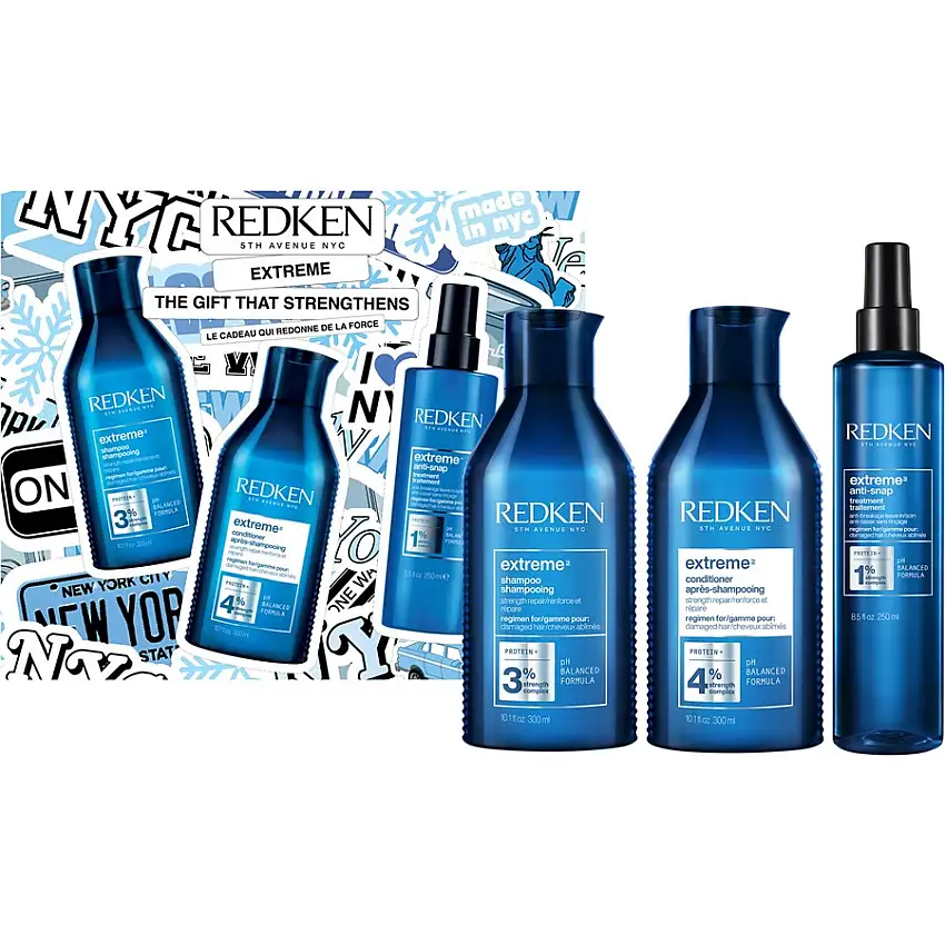 Redken Extreme Ekstrem julesæt 2025 Extreme Shampoo 300 ml + Extreme Conditioner 300 ml + Extreme Anti-Snap 250 ml / 1 Stk.