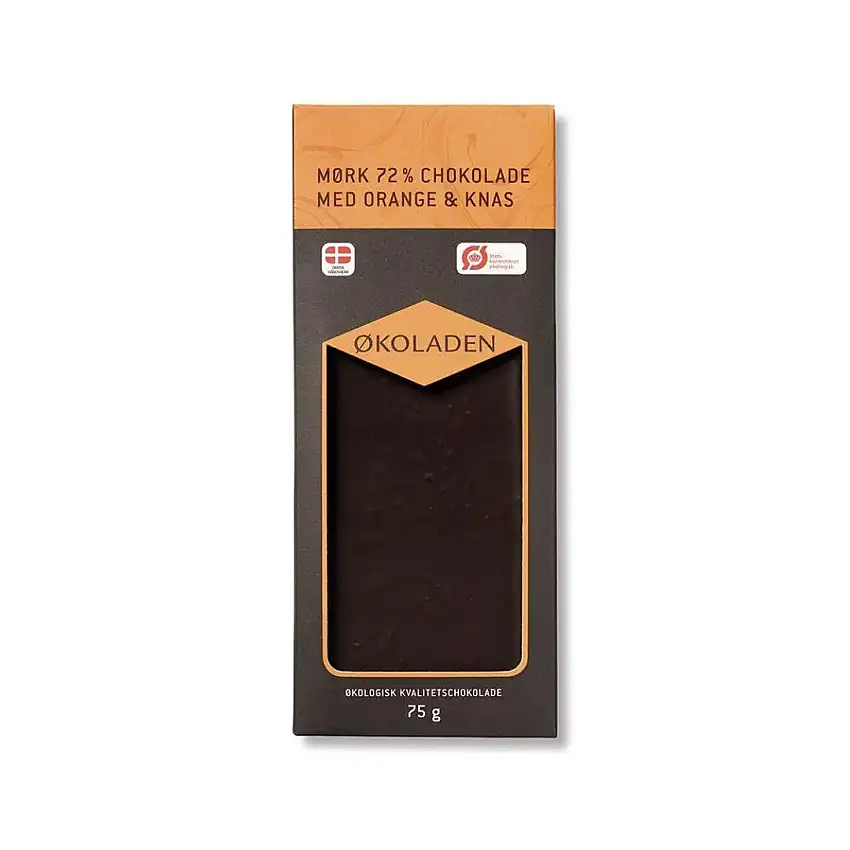 ØKOLADEN - MØRK CHOKOLADE 72% - ORANGE & KNAS - 75 g.
