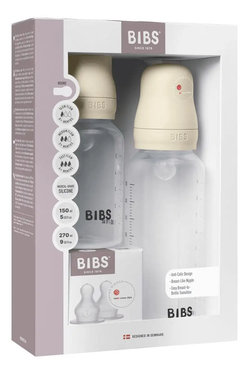 BIBS Grow and Flow Baby Bottle Round Silicone Set 150 ml / 270ml Ivory - 2 stk.
